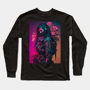 80s Cyberpunk Female Samurai Covered in Blossoms Long Sleeve T-Shirt